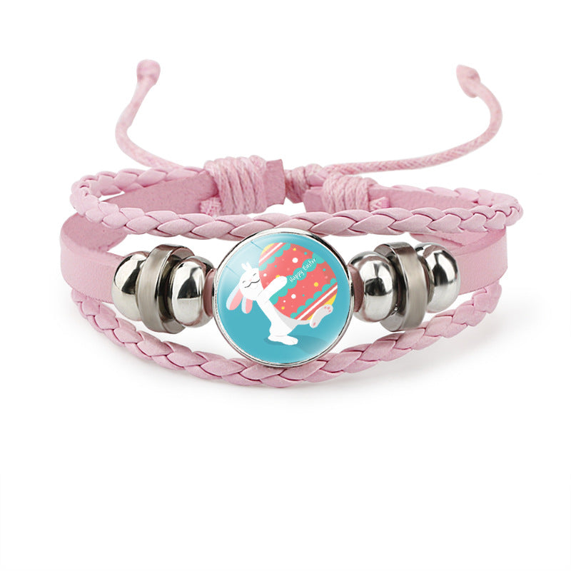 Wholesale Easter Rabbit Time Gemstone Pink Leather Multi Layer Woven Bracelet